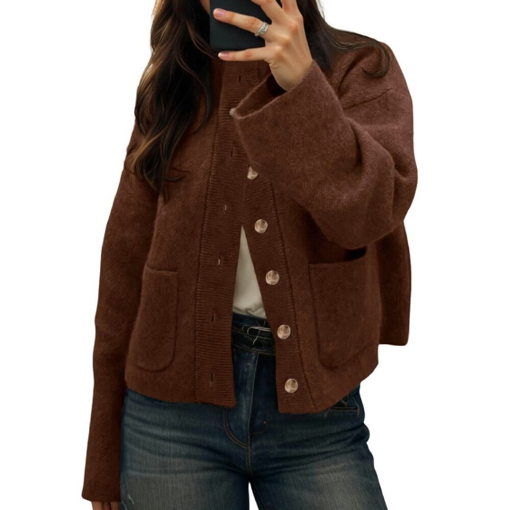 Chunky Knit Cardigan with Pockets, Mock Neck, Open Front, Winter Outerwear